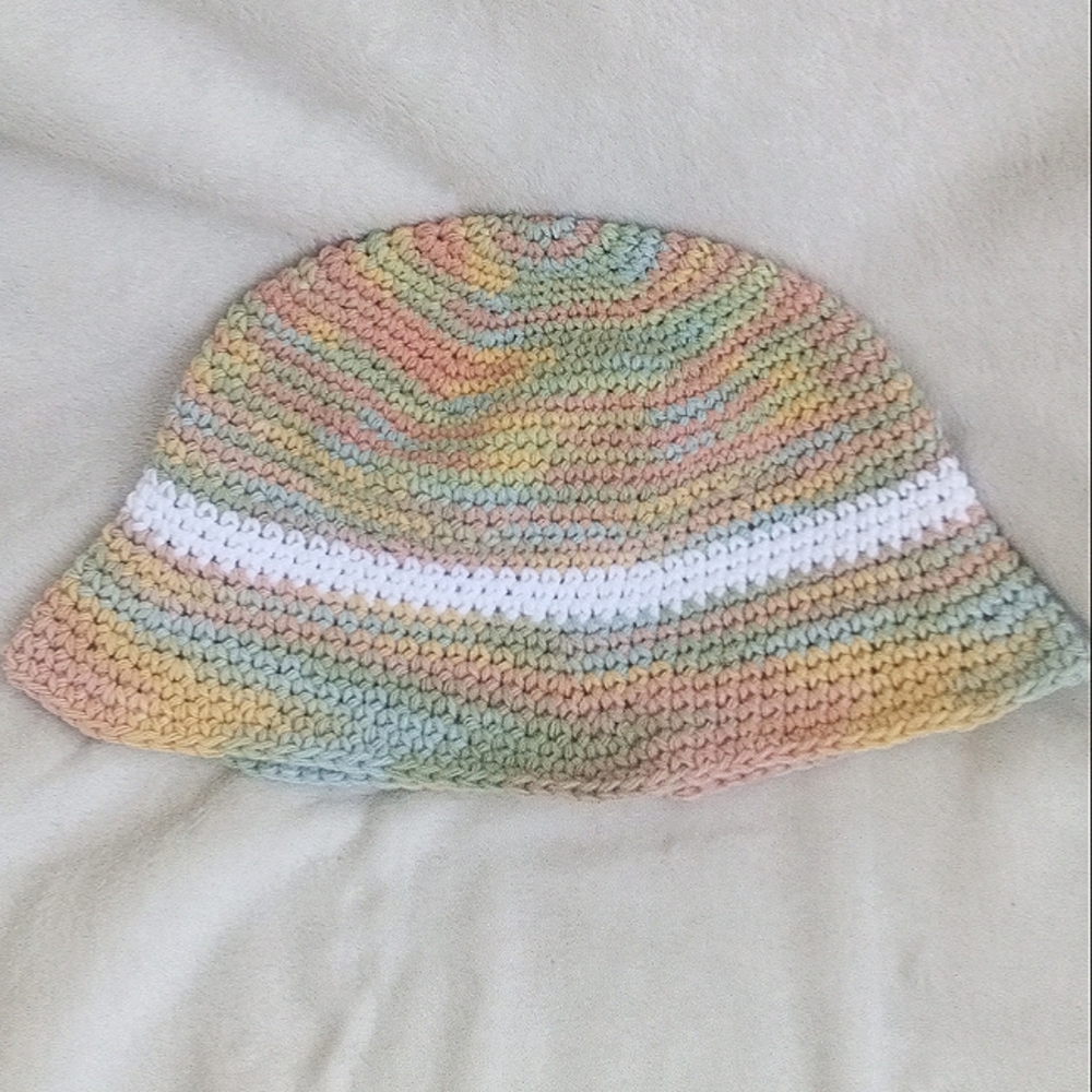 Colorful hand crocheted rainbow bucket hat